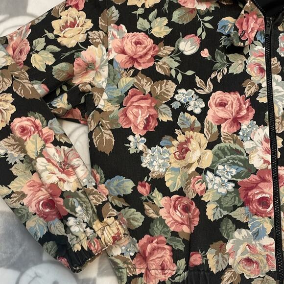 VTG TAPESTRY floral, denim collared, zip up bomber jacket pink black m - Picture 3 of 7